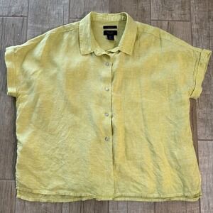 Rachel Roy 100% Linen Button‎ Up Shirt Lime Green Short Sleeves Womens Large EUC